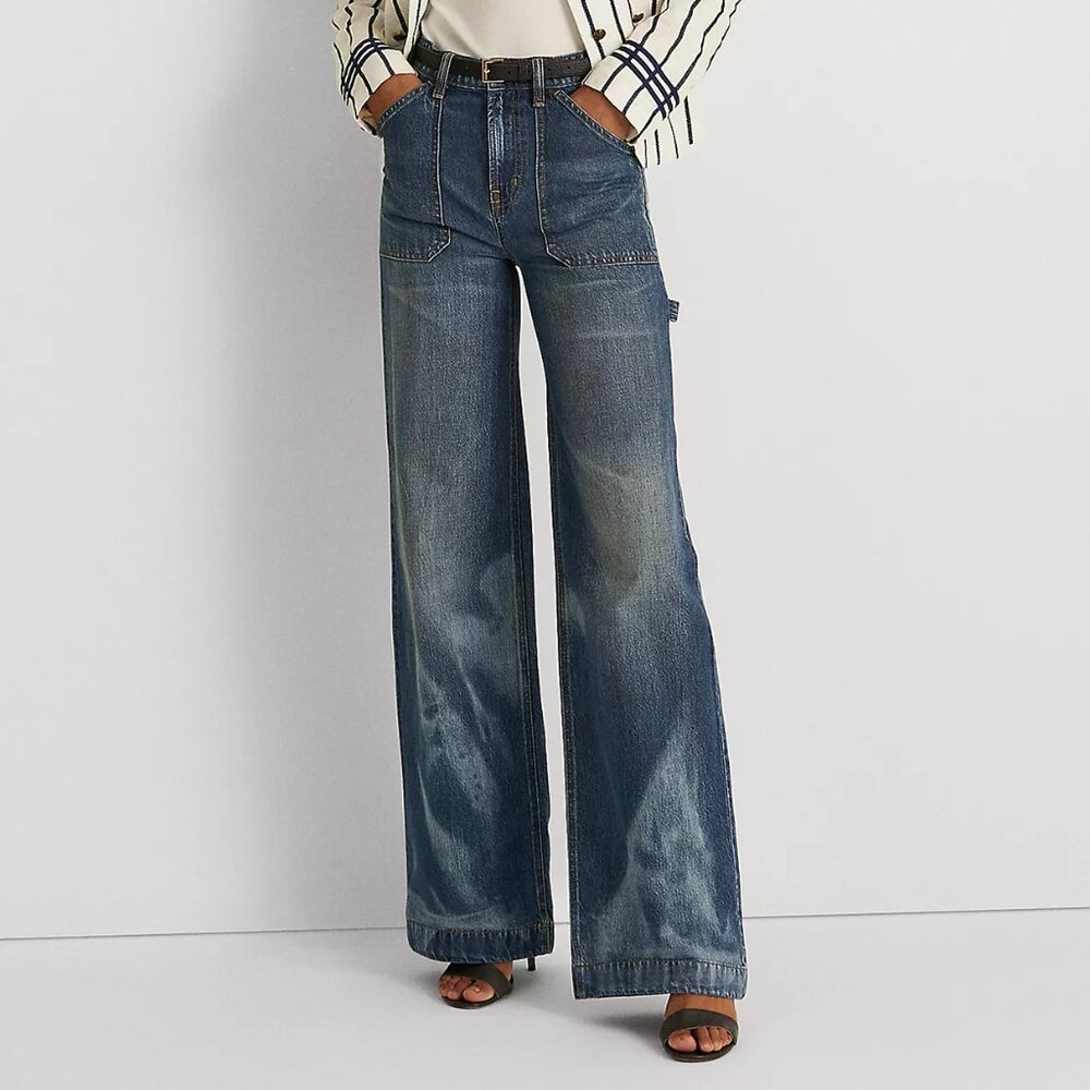 NWT Lauren Ralph Lauren Women's High Waist Bleach-out Wide Leg Jeans 10